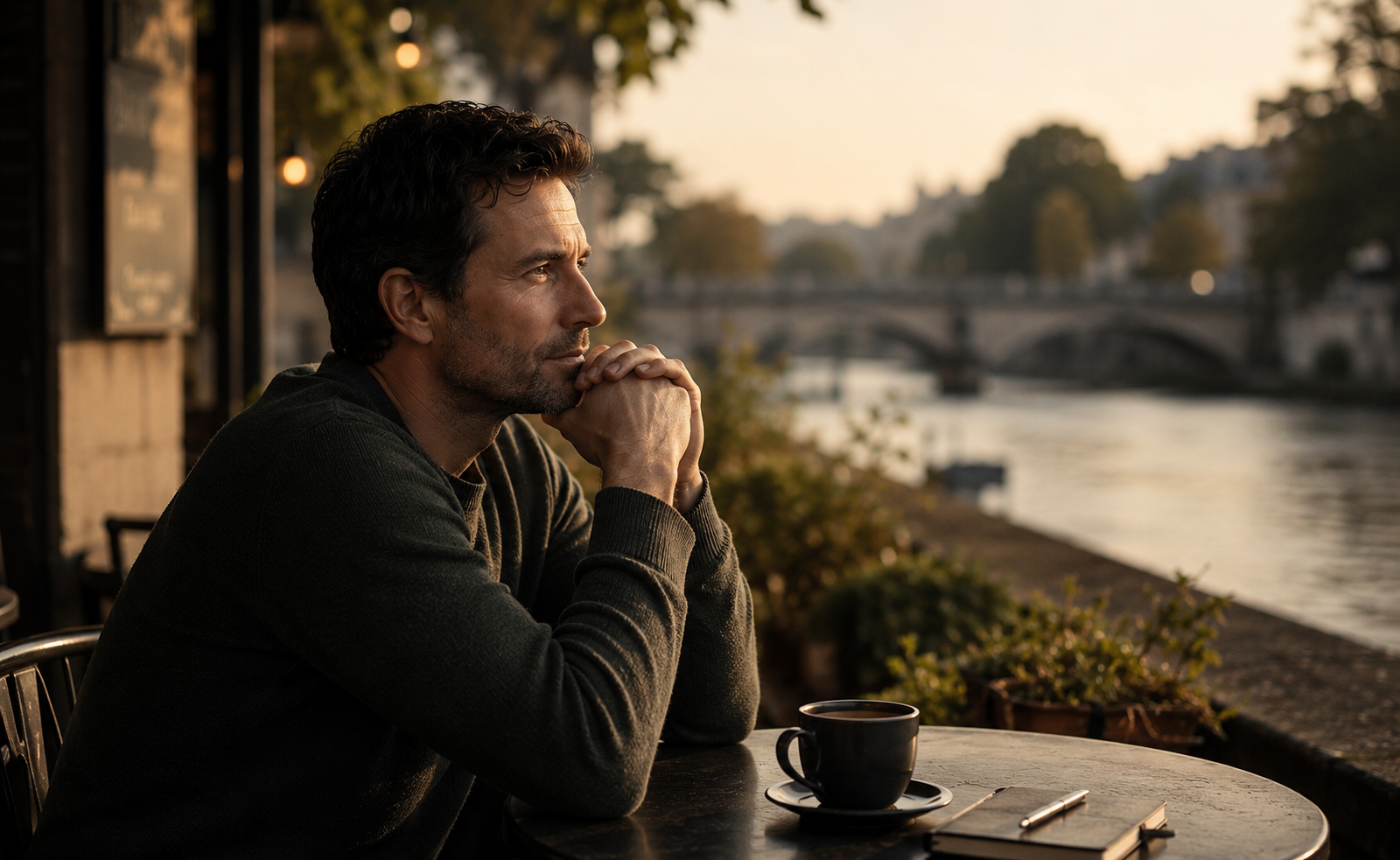 A thoughtful man walking through a quiet city street at dusk