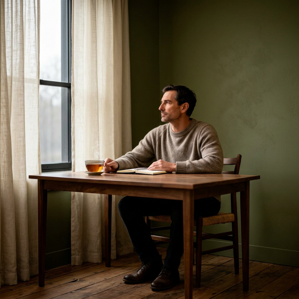 A grounded man sitting thoughtfully with tea, in a calm, considered interior